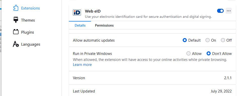 The Firefox Web eID extension is installed and enabled