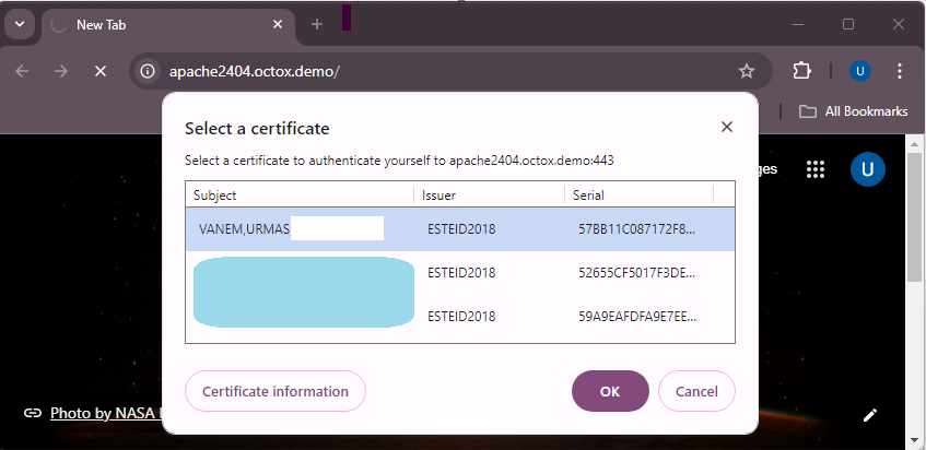 Client certificate selection dialog