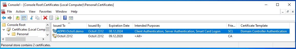 Domain controller authentication certificate in personal store