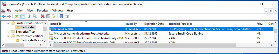 Root level certificates are correctly published