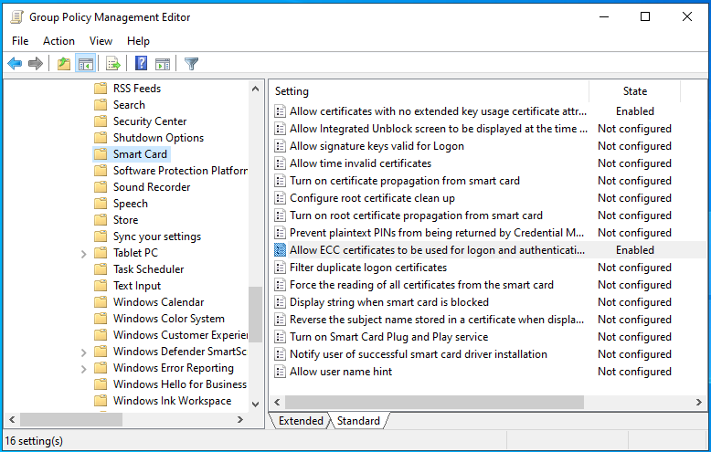 Smart card settings in policy