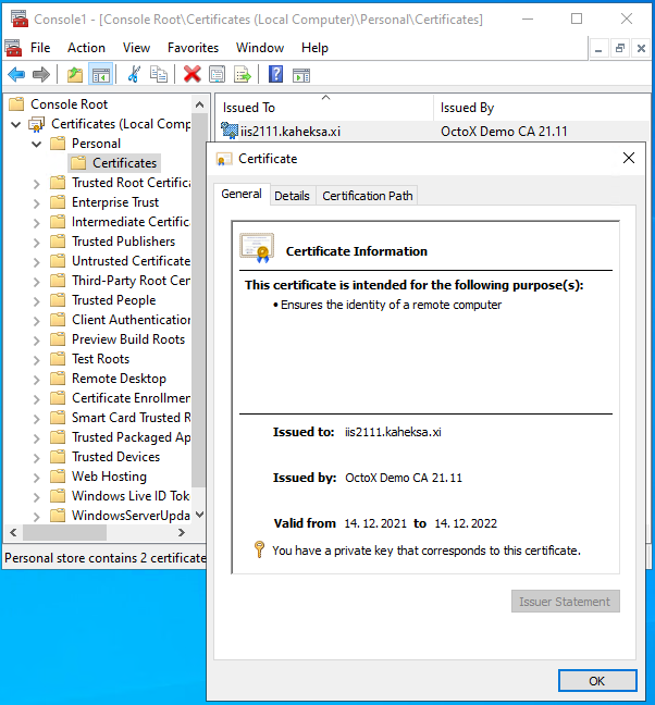 IIS certificate in correct container, certificate have private key