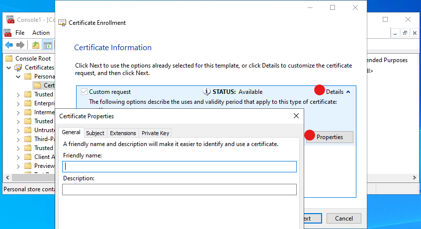 Certificate query properties window