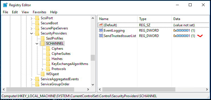 Enabling certificate client side filtering in IIS server registry