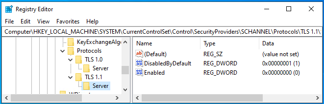Disabling TLS 1.0 and 1.1 for server part in registry