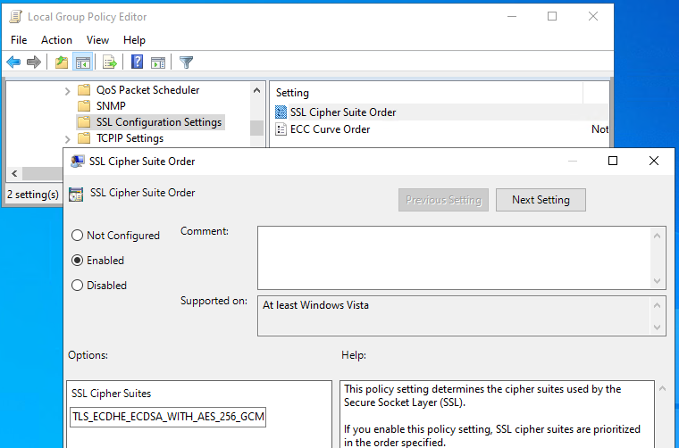 Modifying cipher suites with group policy