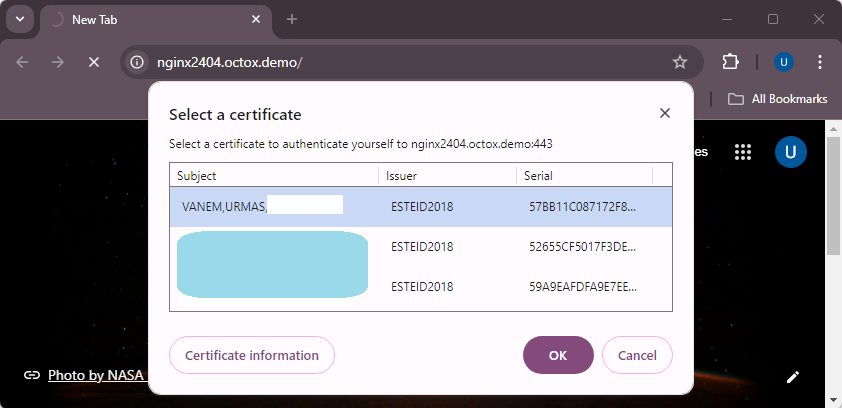Client certificate selection dialog